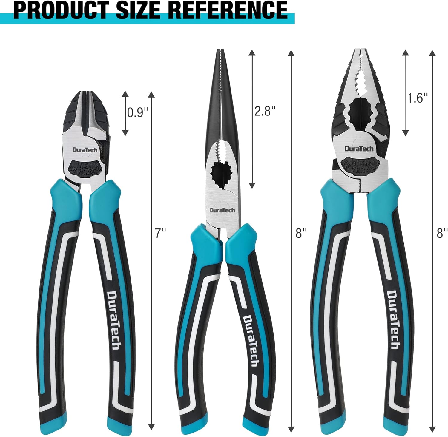 DURATECH 3PCS Plier Set, Premium Cr-V Construction, Including 8" Needle Nose Pliers, 8" Linesman Pliers and 7" Diagonal Cutting Pliers, Bi-material Handle, for Plumbing, and General Applications