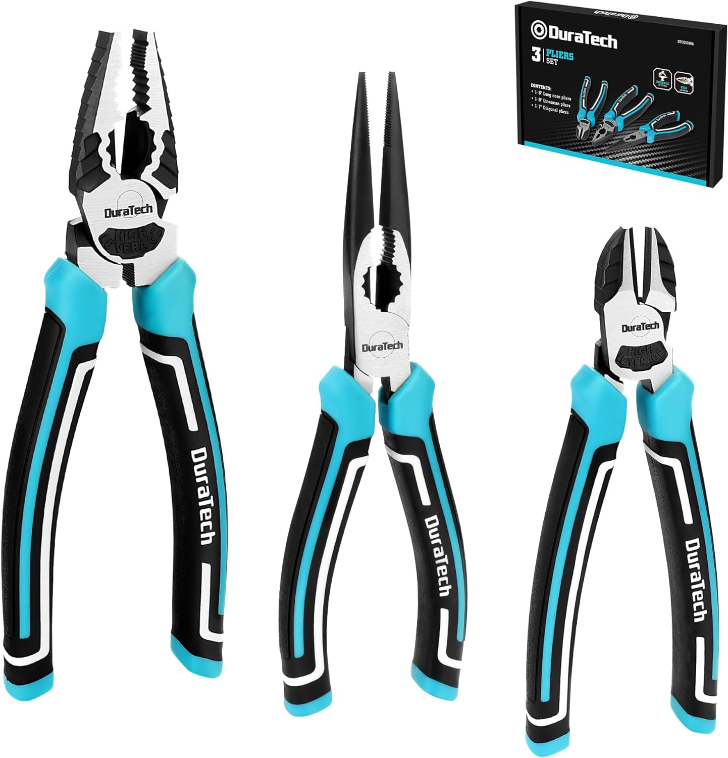 DURATECH 3PCS Plier Set, Premium Cr-V Construction, Including 8" Needle Nose Pliers, 8" Linesman Pliers and 7" Diagonal Cutting Pliers, Bi-material Handle, for Plumbing, and General Applications