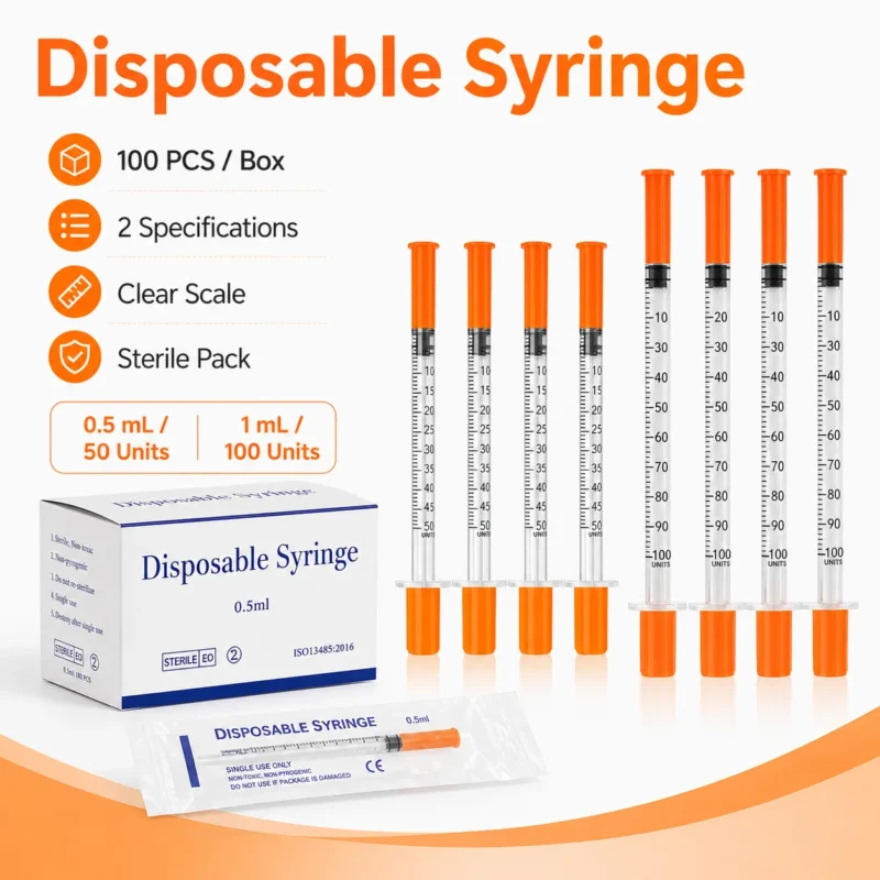 Pack of disposable pet syringes with fine needles shown for 1ml and 0.5ml dosing