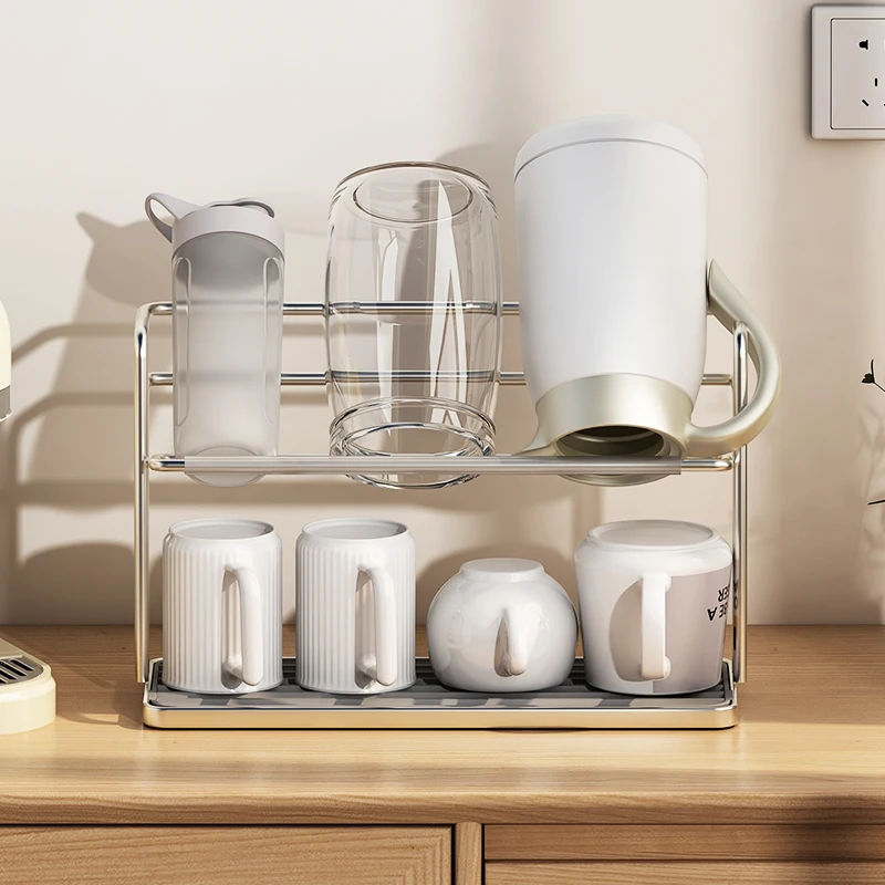 Double-Layer Aluminium Cup Rack for Kitchen Countertop