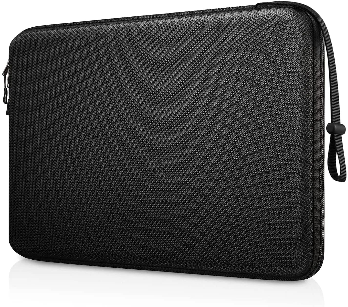 Black shockproof laptop sleeve with zip closure and carry straps, shown closed