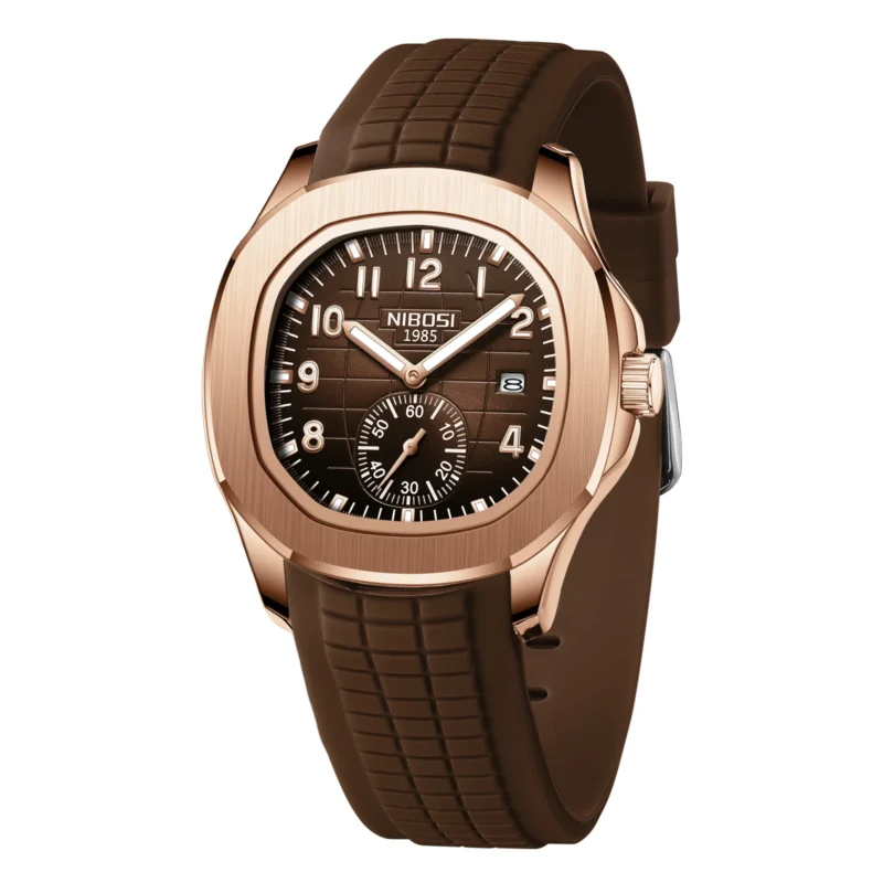 Square dial men's quartz watch with luminous hands and leather deployment clasp