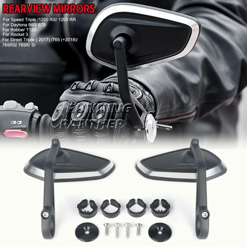 Pair of aluminium bar end motorcycle mirrors shown for Triumph fitment in colour option A