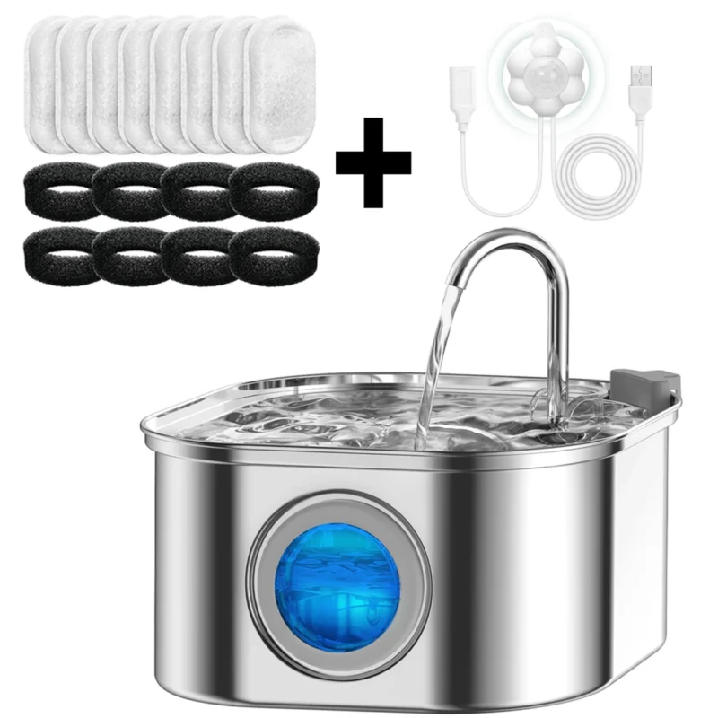 Transparent reservoir cat water fountain with stainless steel bowl and sensor
