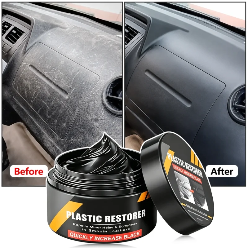 Jar of car plastic restorer cream beside faded and restored vehicle trim